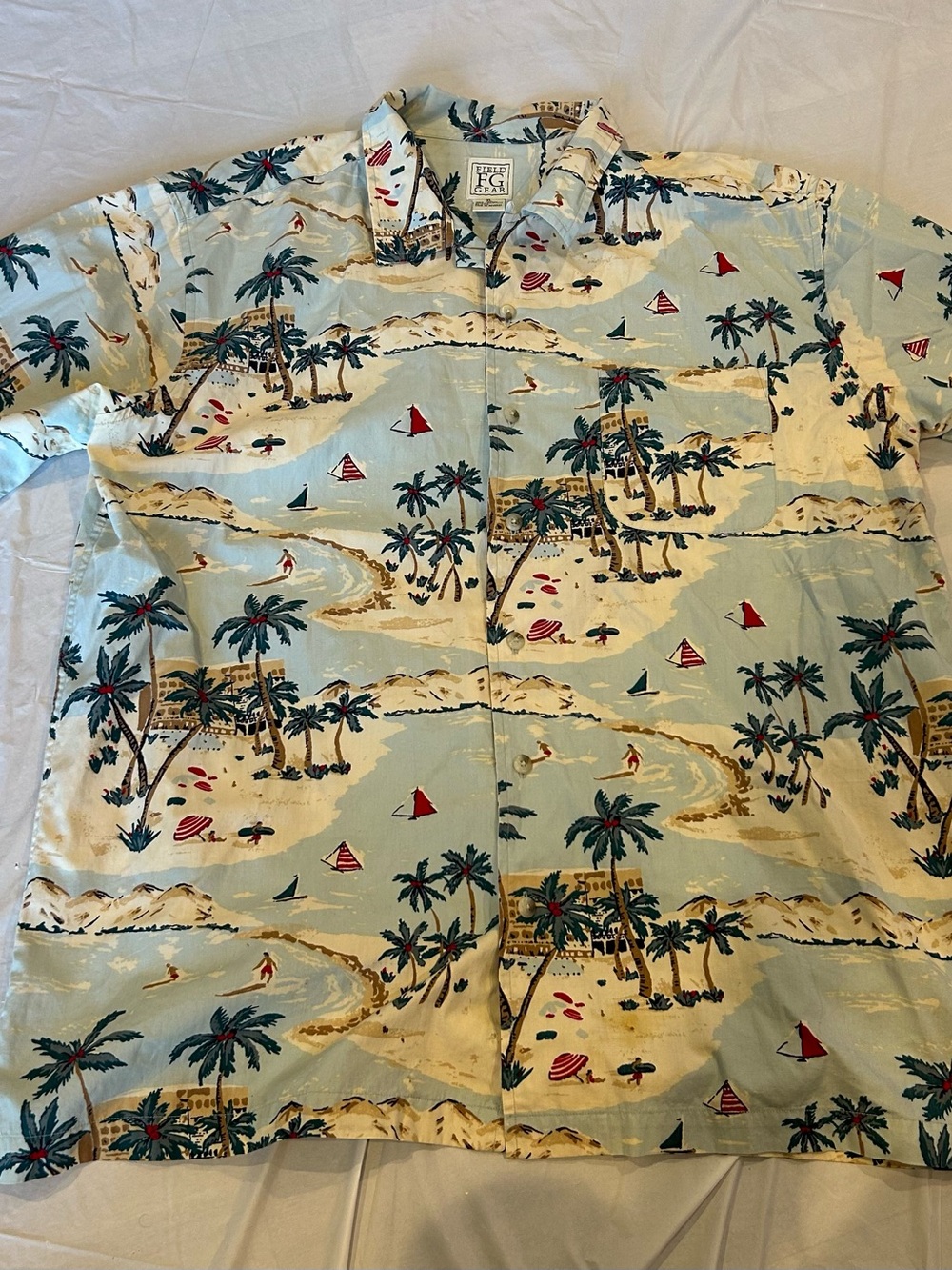 Field Gear Hawaiian Shirt XL Blue Beach Scenic Print Resort Casual Vintage